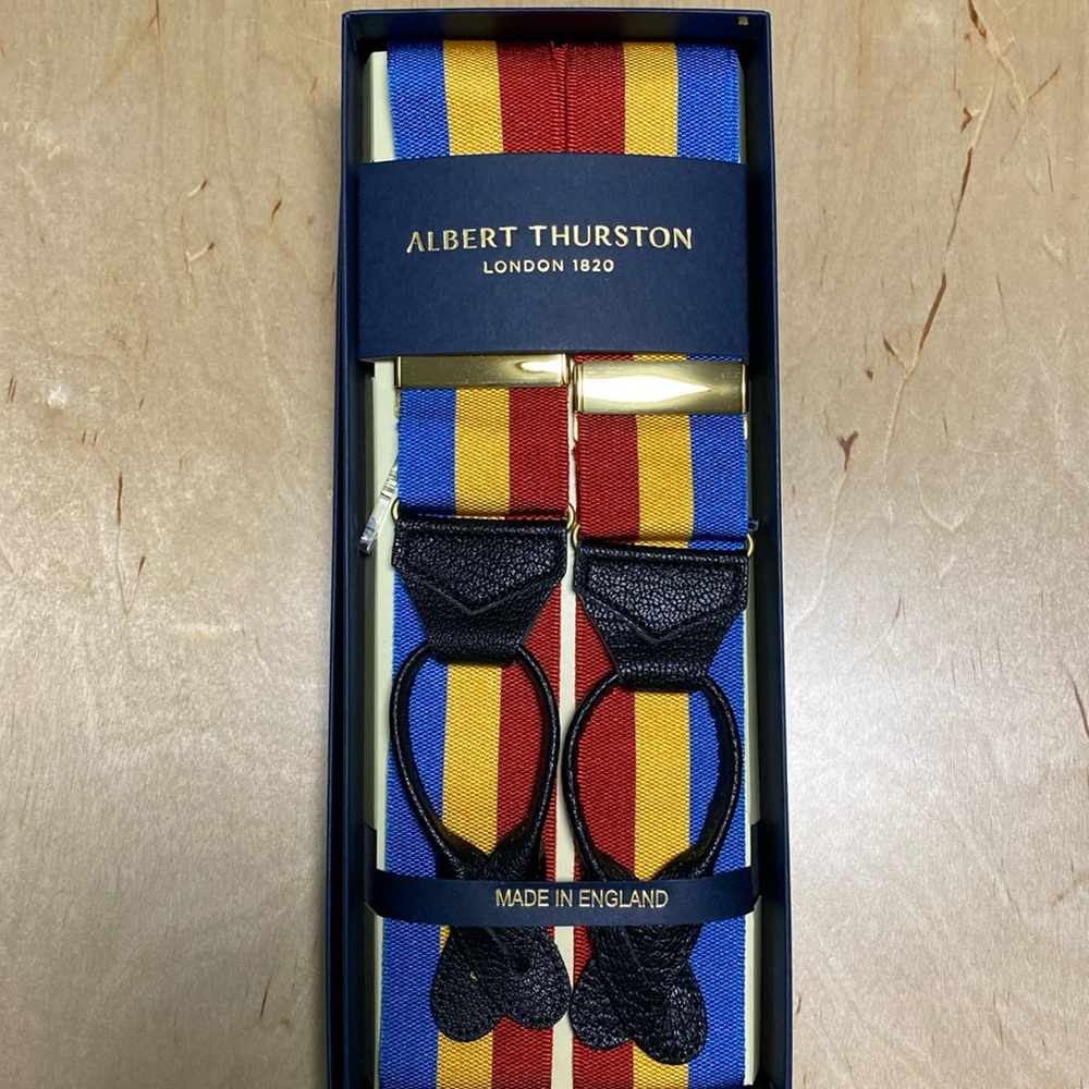 COPY - Albert Thurston braces, Fogey Rainbow (blue, red, gold stripes).